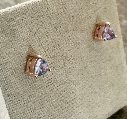 9ct Rose gold Trillion cut Tanzanite stud earrings 5mm Rocks & Co.