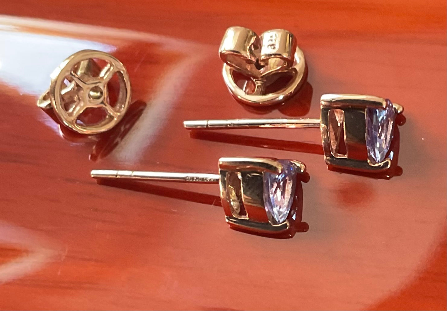 9ct Rose gold Trillion cut Tanzanite stud earrings 5mm Rocks & Co.