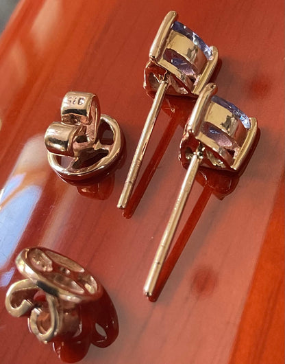 9ct Rose gold Trillion cut Tanzanite stud earrings 5mm Rocks & Co.