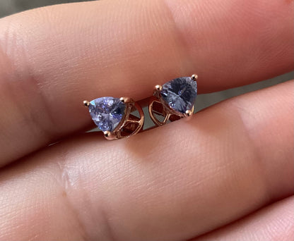 9ct Rose gold Trillion cut Tanzanite stud earrings 5mm Rocks & Co.