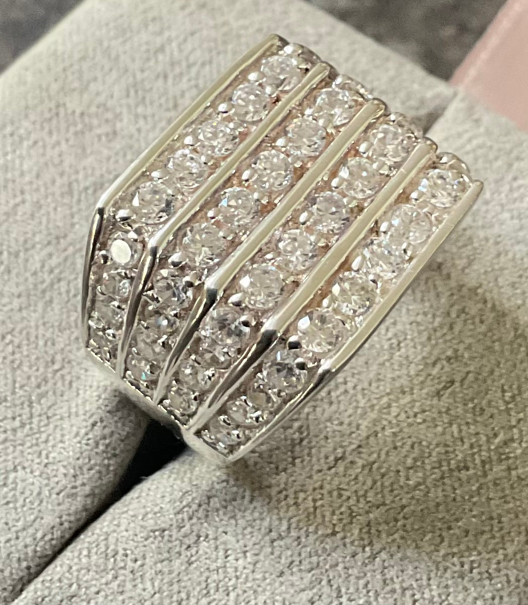 Mens 925 chunky CZ 4 row ring size P London hallmark sterling silver 10.39g Unisex