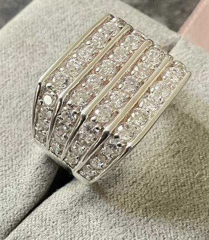 Mens 925 chunky CZ 4 row ring size P London hallmark sterling silver 10.39g Unisex