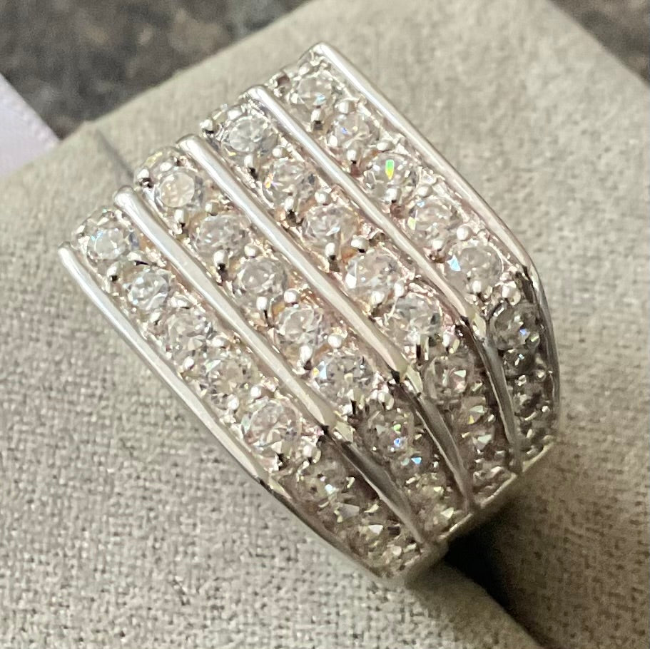 Mens 925 chunky CZ 4 row ring size P London hallmark sterling silver 10.39g Unisex