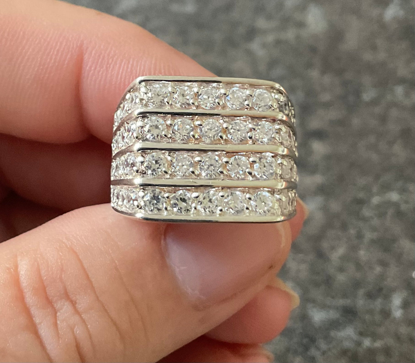 Mens 925 chunky CZ 4 row ring size P London hallmark sterling silver 10.39g Unisex