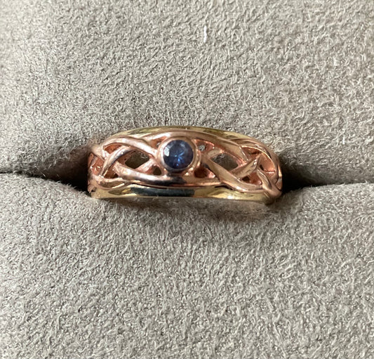 Vintage Clogau 9ct Blue Sapphire Lovers Weave ring size M yellow and rose gold