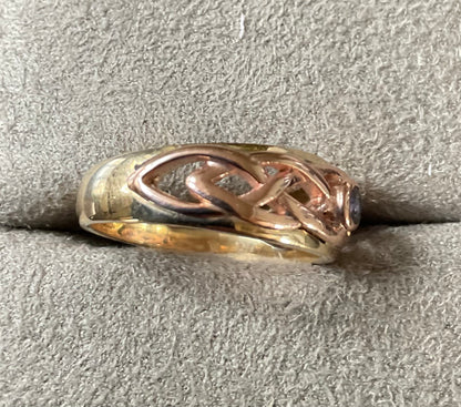 Vintage Clogau 9ct Blue Sapphire Lovers Weave ring size M yellow and rose gold