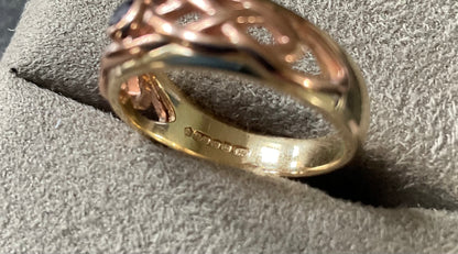 Vintage Clogau 9ct Blue Sapphire Lovers Weave ring size M yellow and rose gold