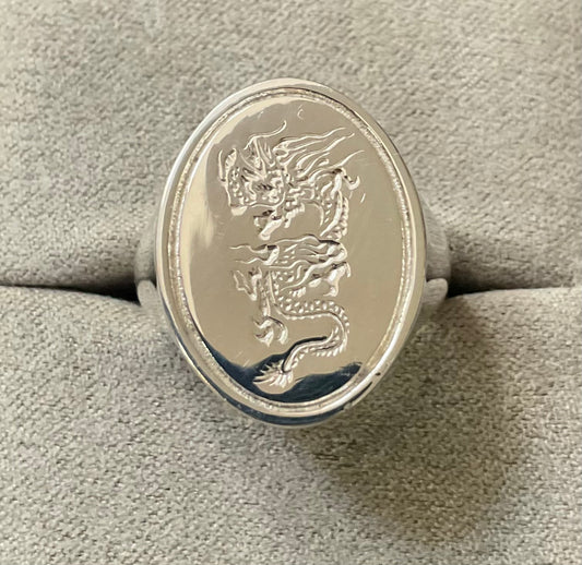 Mens 925 Chinese Dragon Large Oval ring size P Sheffield hallmark 10.72g Unisex Sterling silver