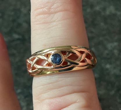 Vintage Clogau 9ct Blue Sapphire Lovers Weave ring size M yellow and rose gold