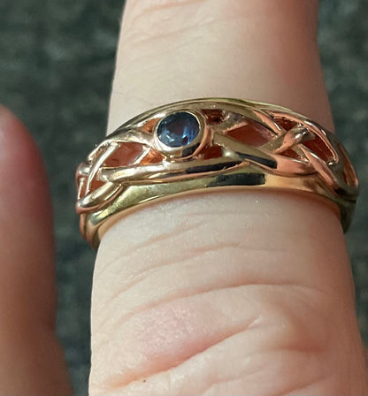 Vintage Clogau 9ct Blue Sapphire Lovers Weave ring size M yellow and rose gold
