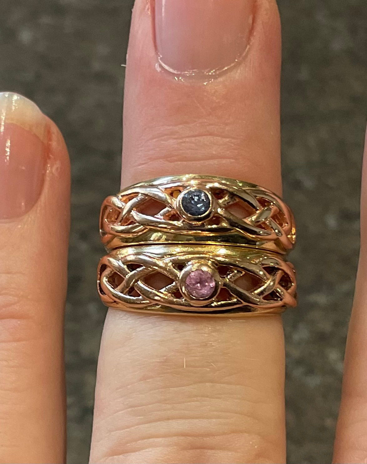 Vintage Clogau 9ct Blue Sapphire Lovers Weave ring size M yellow and rose gold