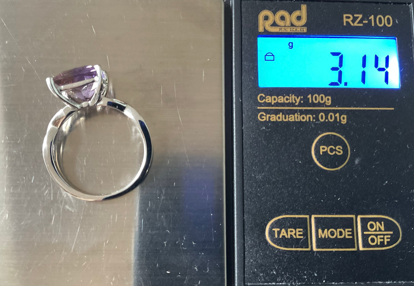 925 Amethyst square cut 9mm solitaire ring with crossover shoulders size P1/2