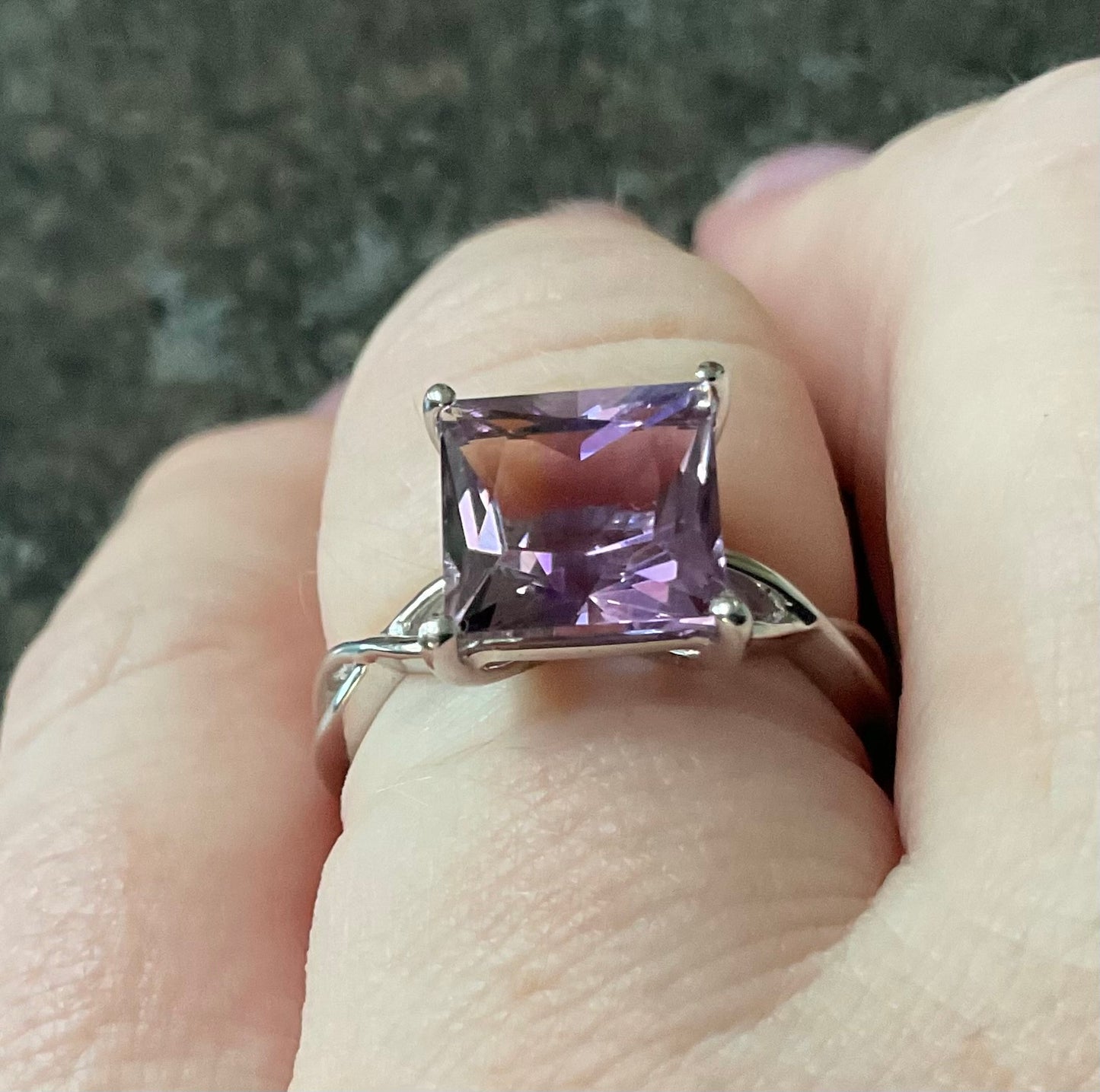925 Amethyst square cut 9mm solitaire ring with crossover shoulders size P1/2