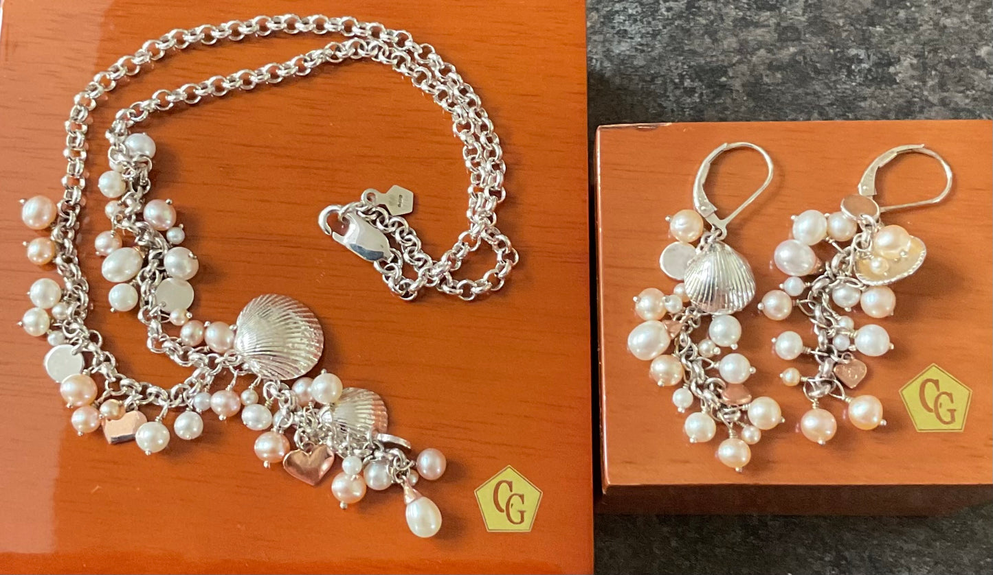 Clogau Beachcomber Y-shape pearl 16” necklace & earring set in peach & cream with silver & rose gold