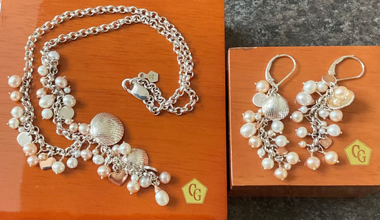 Clogau Beachcomber Y-shape pearl 16” necklace & earring set in peach & cream with silver & rose gold