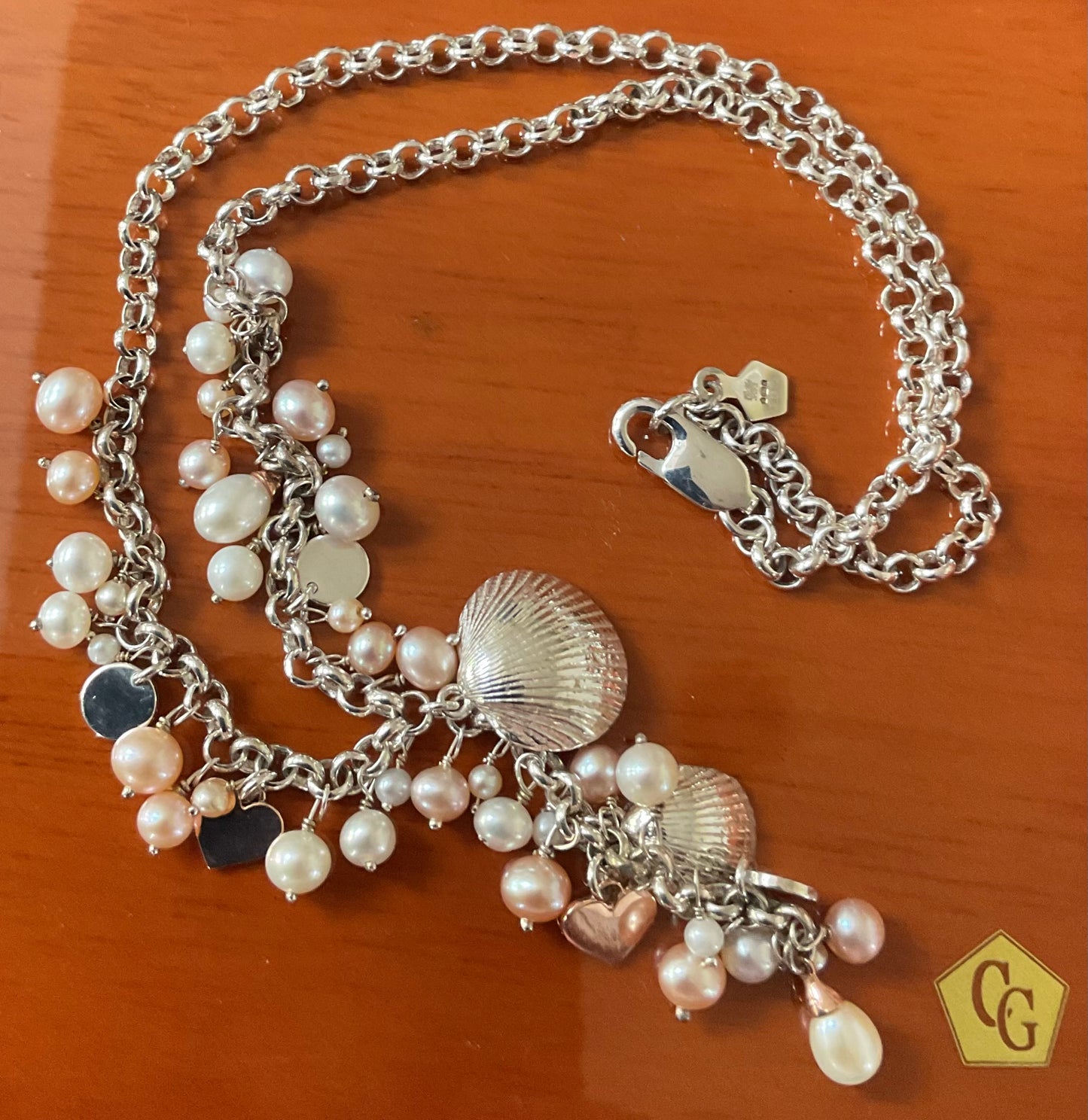 Clogau Beachcomber Y-shape pearl 16” necklace & earring set in peach & cream with silver & rose gold