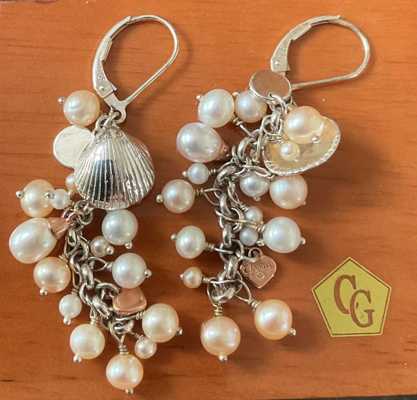 Clogau Beachcomber Y-shape pearl 16” necklace & earring set in peach & cream with silver & rose gold