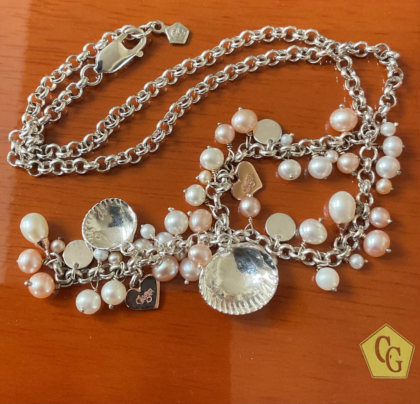 Clogau Beachcomber Y-shape pearl 16” necklace & earring set in peach & cream with silver & rose gold