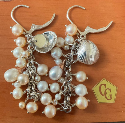 Clogau Beachcomber Y-shape pearl 16” necklace & earring set in peach & cream with silver & rose gold