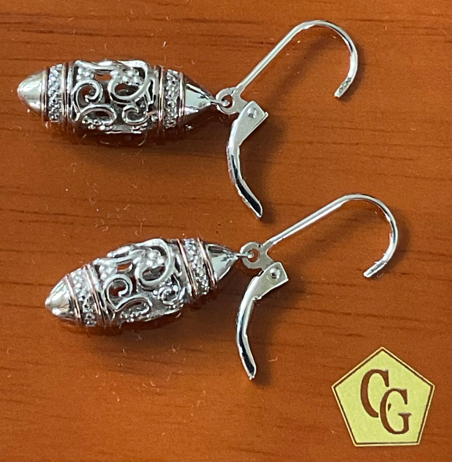 Clogau Am Byth Diamond Bullet Lozenge drop leverback earrings in silver and rose gold