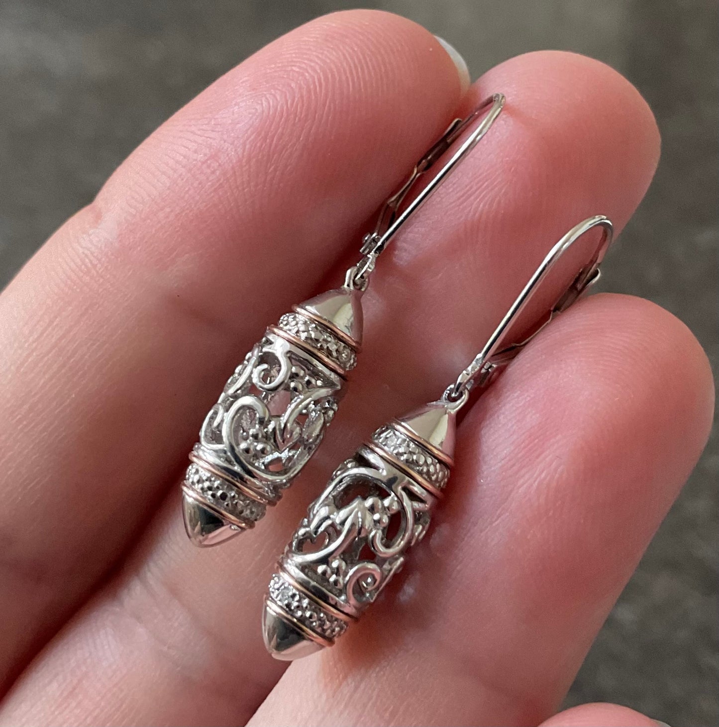 Clogau Am Byth Diamond Bullet Lozenge drop leverback earrings in silver and rose gold