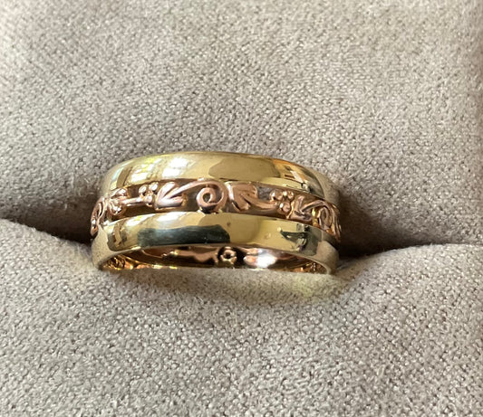 Clogau 9ct Tree of Life Wide 7mm Band ring size P in yellow and rose gold