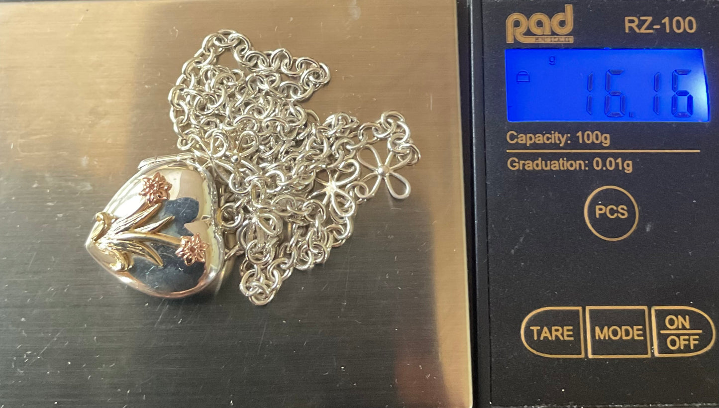 Clogau Vintage Daffodil Heart locket necklace 18” in silver with 9ct yellow and rose gold