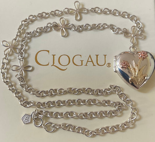 Clogau Vintage Daffodil Heart locket necklace 18” in silver with 9ct yellow and rose gold