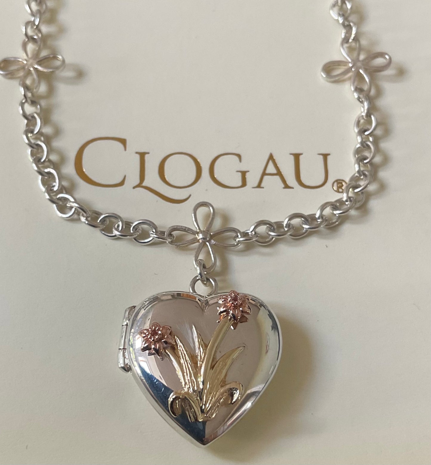 Clogau Vintage Daffodil Heart locket necklace 18” in silver with 9ct yellow and rose gold