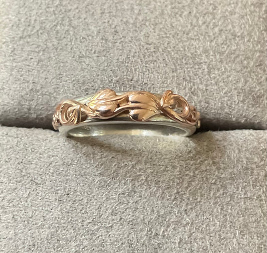 Clogau Tree of Life silver and rose gold foliate narrow band ring size N1/2-O