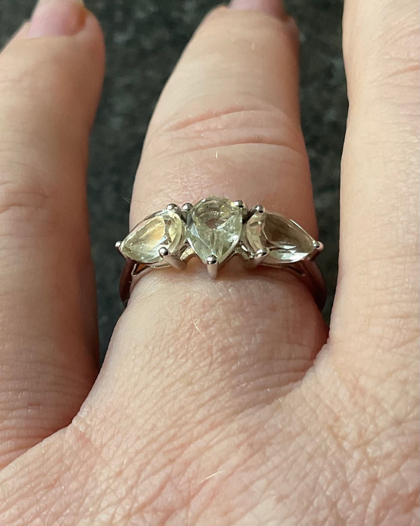 925 Serenite pear cut trilogy ring size P1/2 sterling silver