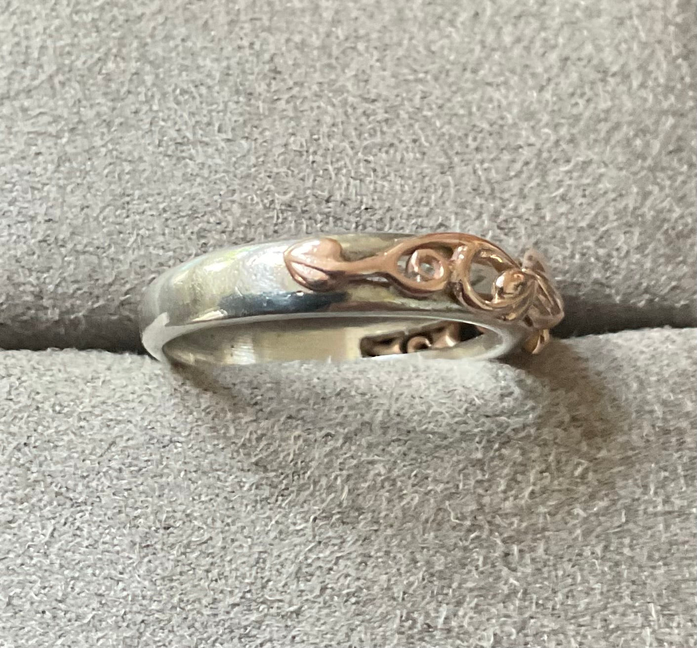 Clogau Tree of Life silver and rose gold foliate narrow band ring size N1/2-O