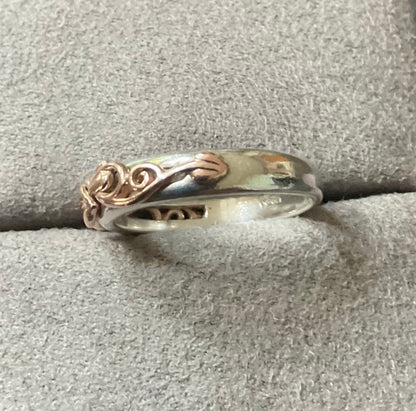 Clogau Tree of Life silver and rose gold foliate narrow band ring size N1/2-O