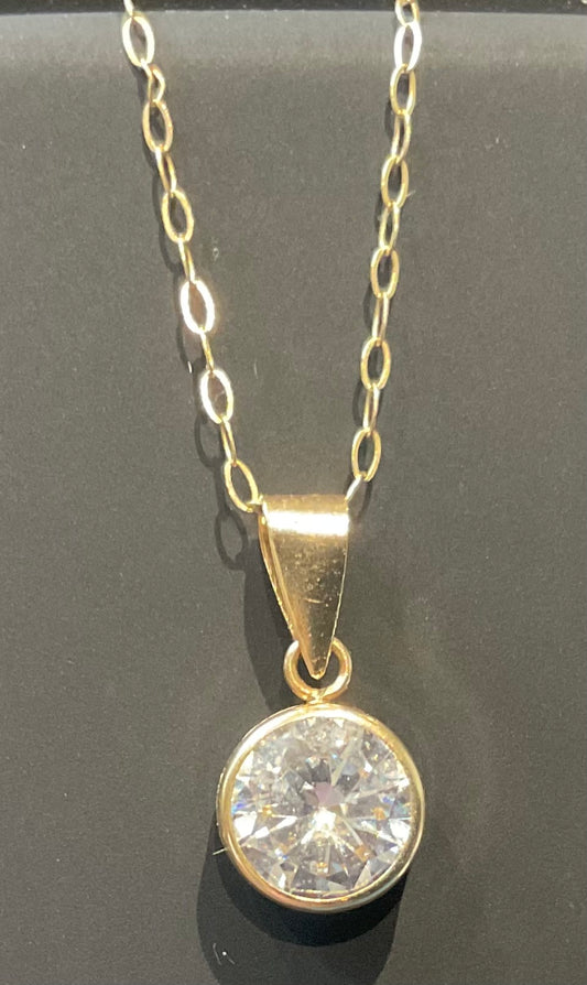 IBB 9ct Cubic Zirconia round bezel set solitaire pendant on 16" fine trace chain