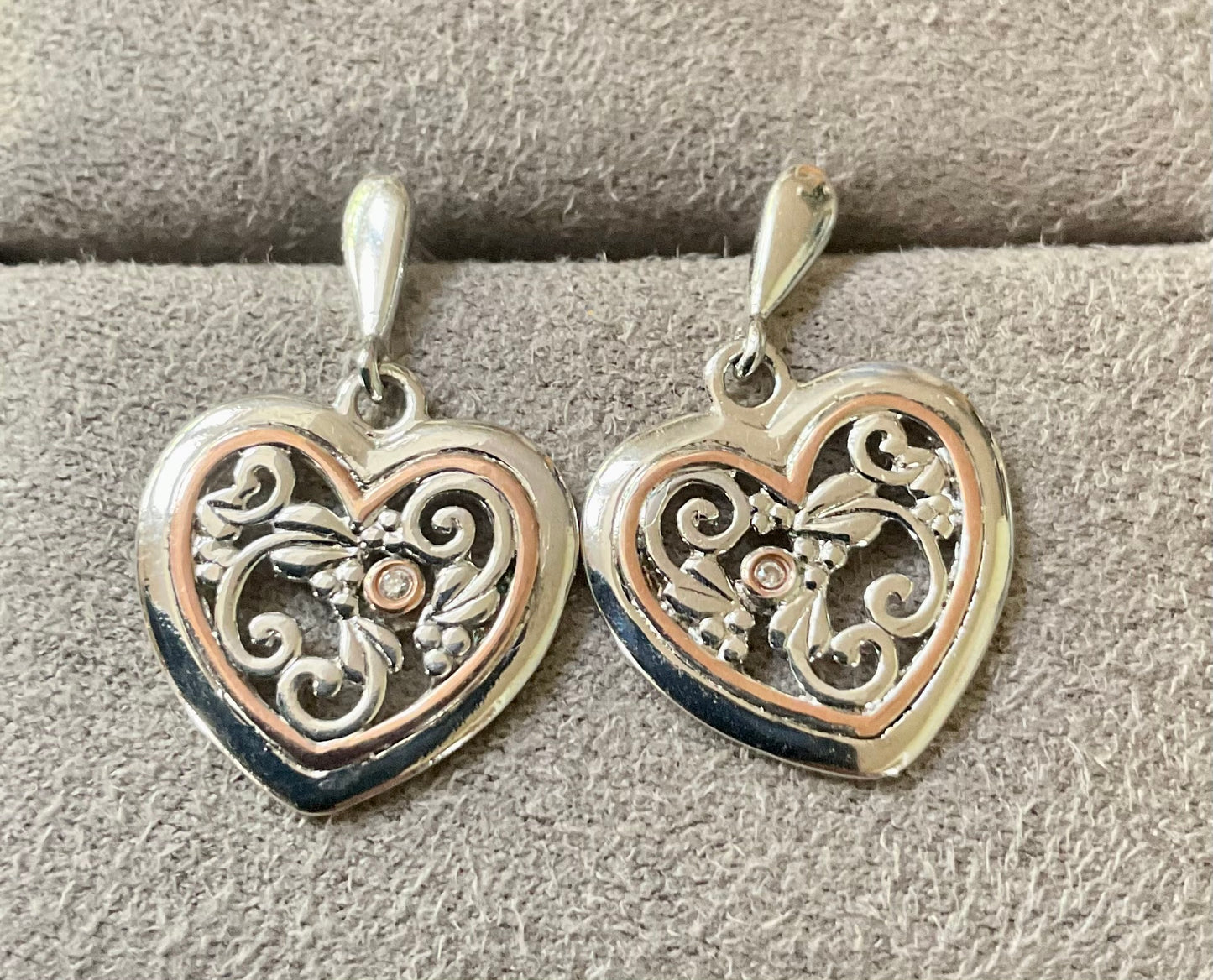 Clogau Tree of Life One Diamond Heart drop earrings in silver and rose gold