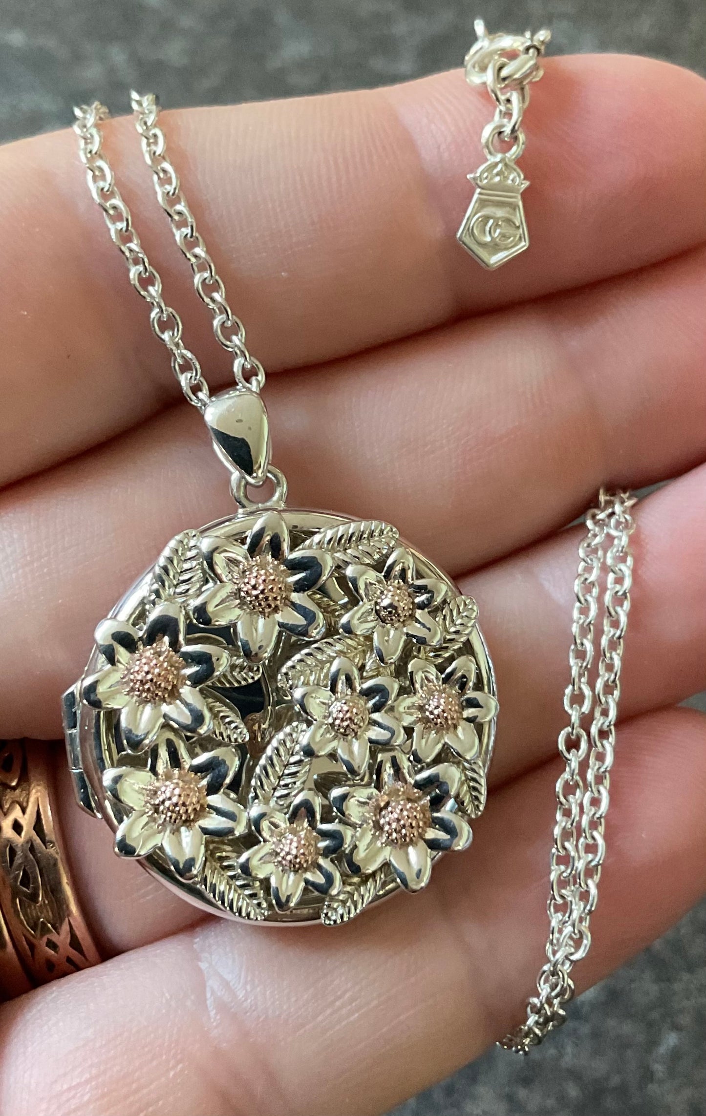 Clogau Floral Round Locket Rare Pendant 18” Necklace in silver and rose gold