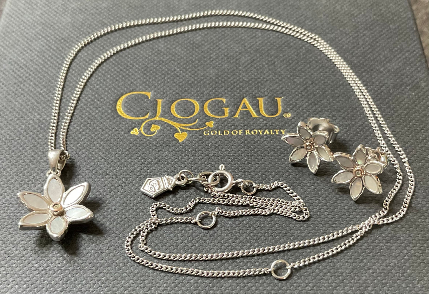 Clogau Lady Snowdon Mother of Pearl and Diamond necklace (£95) and earrings (£95) set (£175)