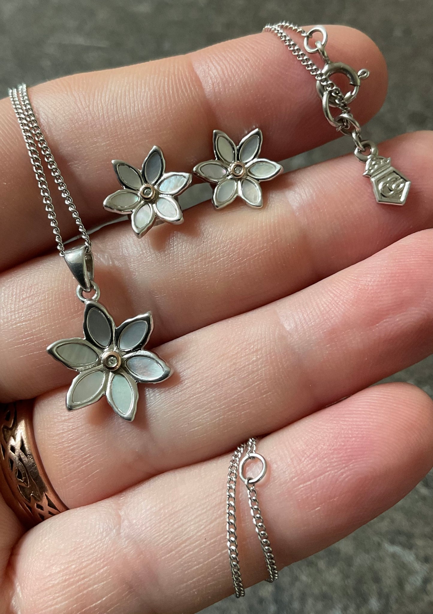 Clogau Lady Snowdon Mother of Pearl and Diamond necklace (£95) and earrings (£95) set (£175)