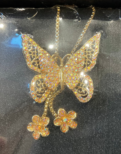 Butler and Wilson gold tone crystal butterfly necklace aurora borealis sealed in original box
