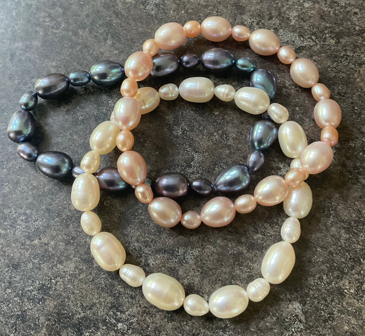 Honora set of 3 Freshwater Pearl stretch bracelets in pink, white and peacock blue