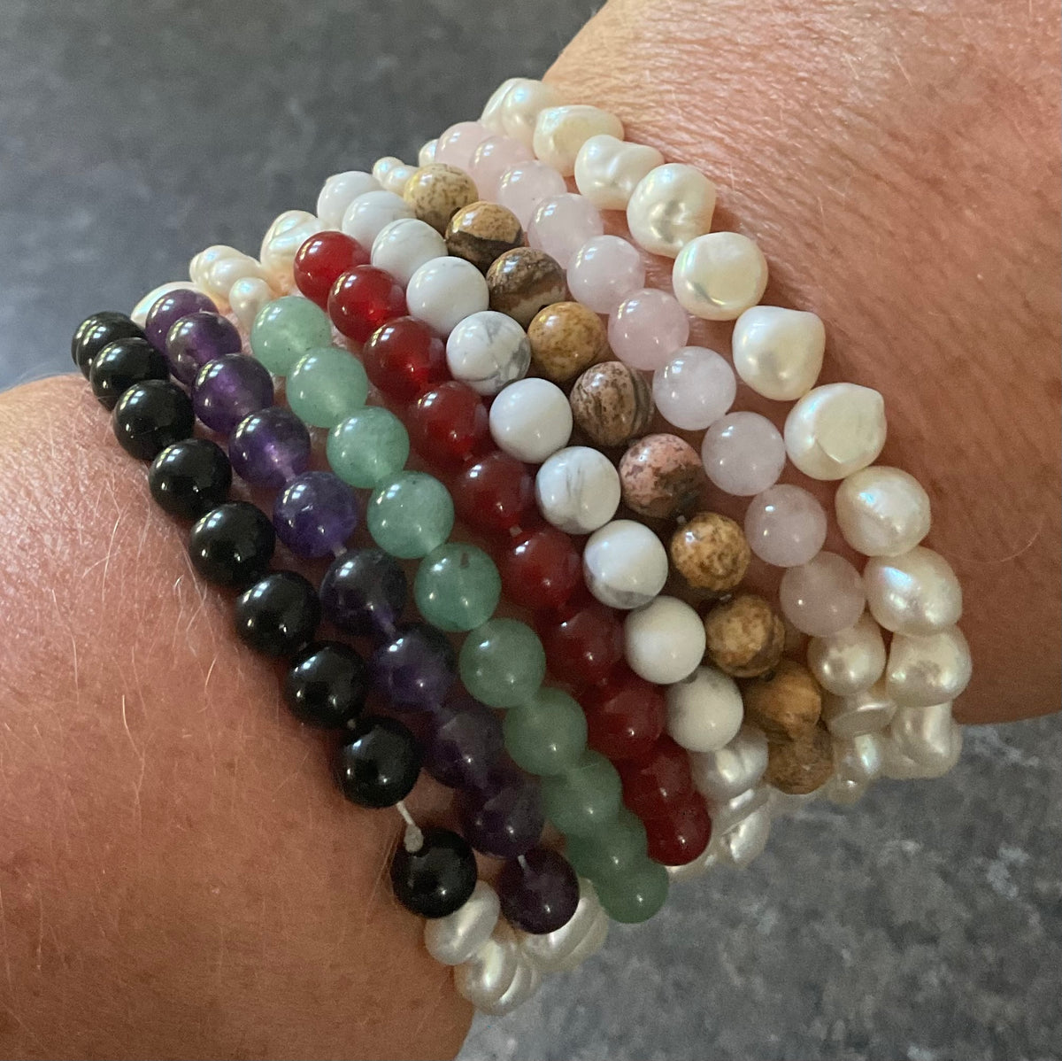 Honora set of 8 Freshwater Pearl and semi precious gemstone stretch stacking bracelets