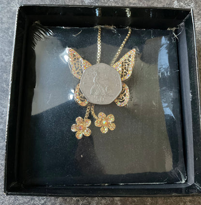 Butler and Wilson gold tone crystal butterfly necklace aurora borealis sealed in original box