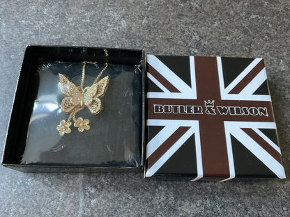Butler and Wilson gold tone crystal butterfly necklace aurora borealis sealed in original box