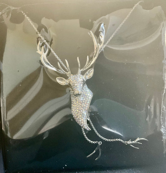 Butler and Wilson Stag silver tone clear aurora borealis crystal necklace sealed in original box
