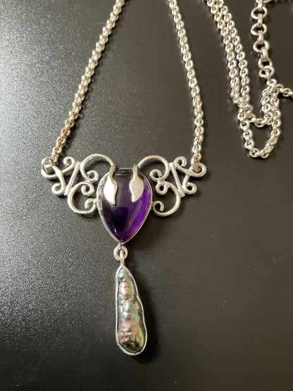925 Amethyst and Peacock Baroque Pearl necklace 16-19” Art Nouveau Elven style necklet