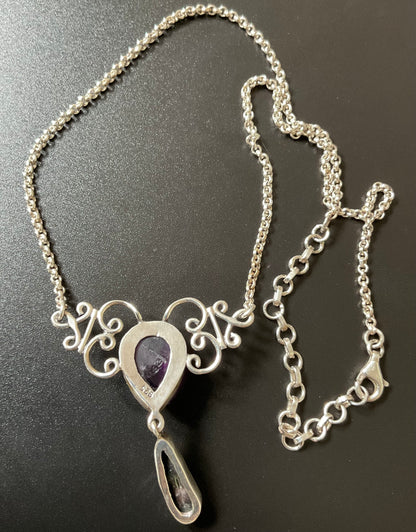 925 Amethyst and Peacock Baroque Pearl necklace 16-19” Art Nouveau Elven style necklet