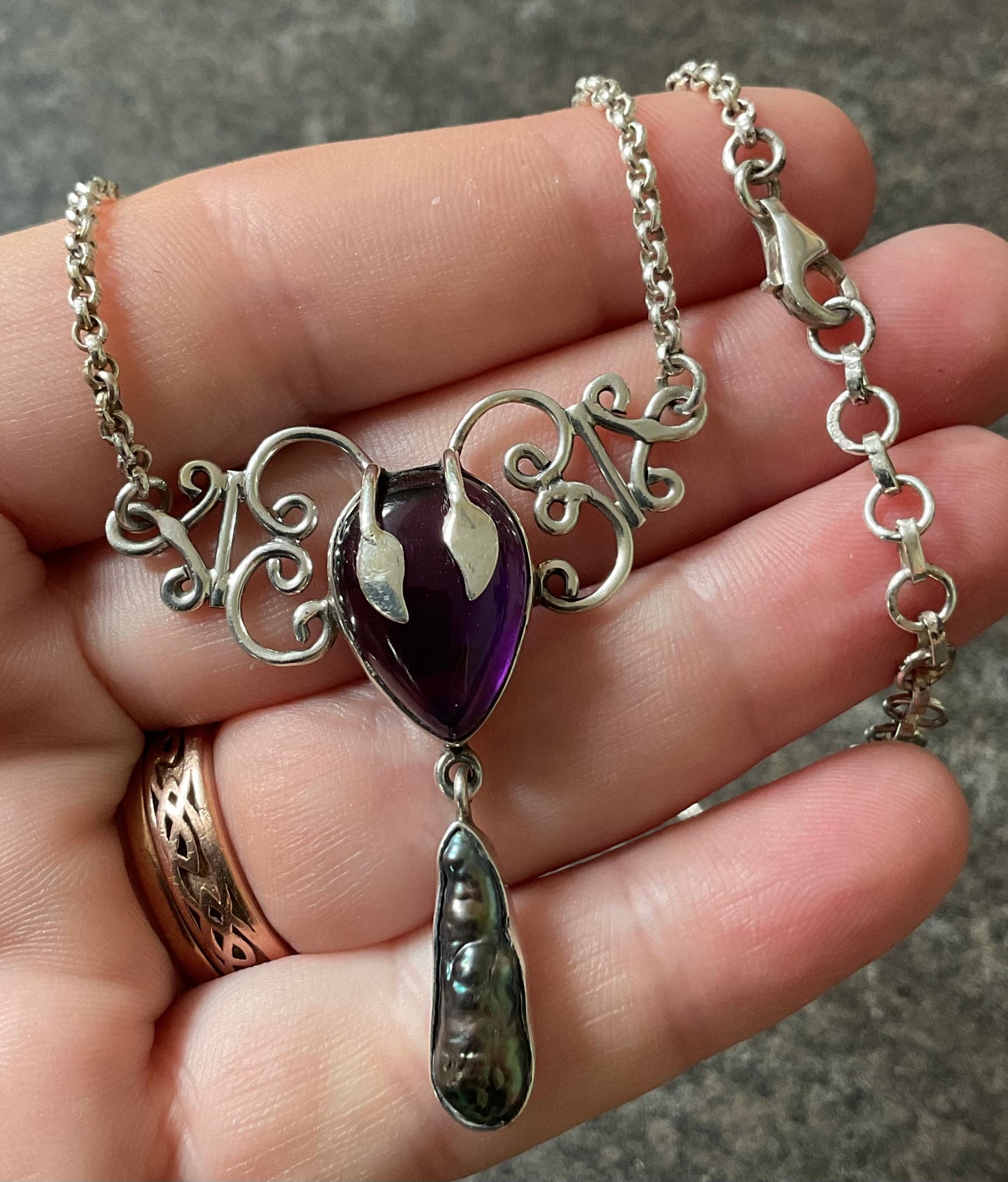925 Amethyst and Peacock Baroque Pearl necklace 16-19” Art Nouveau Elven style necklet