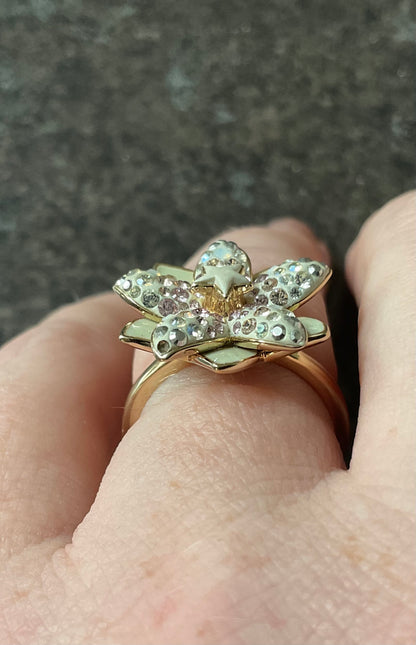 Swarovski LOUELLA flower ring gold tone size P1/2 crystal and enamel (1 stone missing)