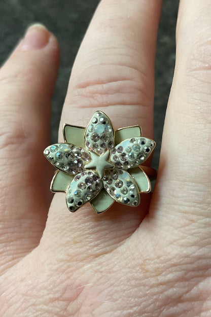 Swarovski LOUELLA flower ring gold tone size P1/2 crystal and enamel (1 stone missing)