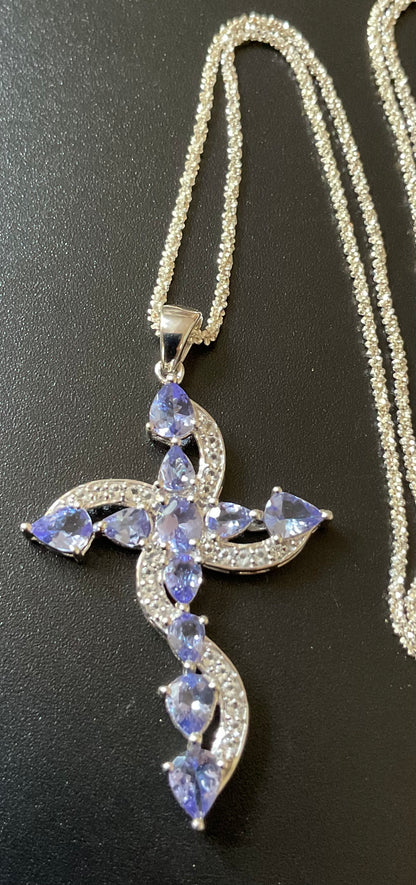 925 Tanzanite and Zircon Cross pendant on 20” Italy 925 sparkle chain